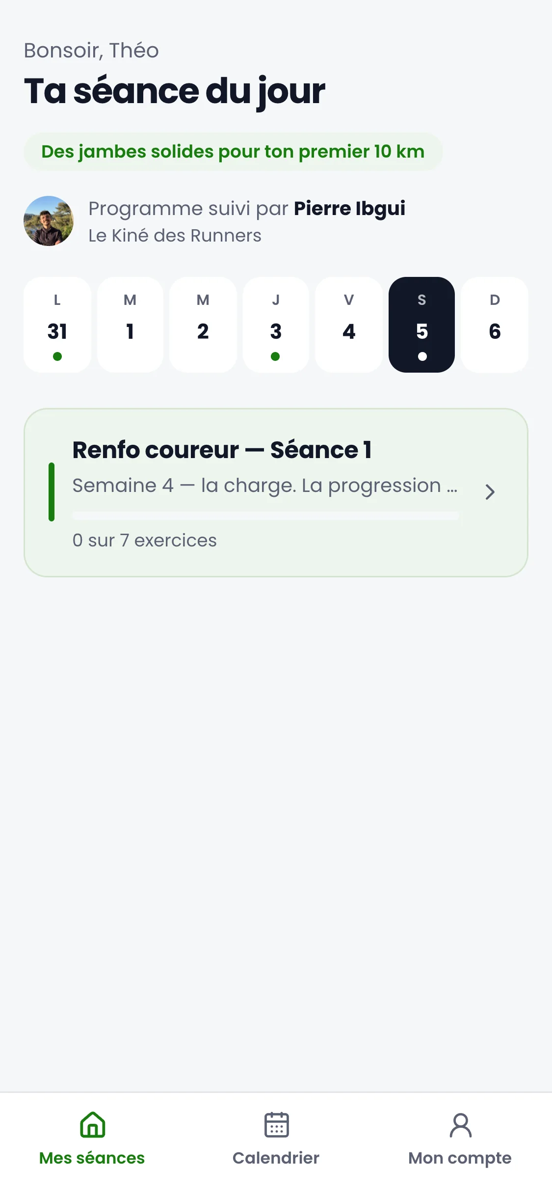 L'accueil de l'application : la séance du jour et la semaine